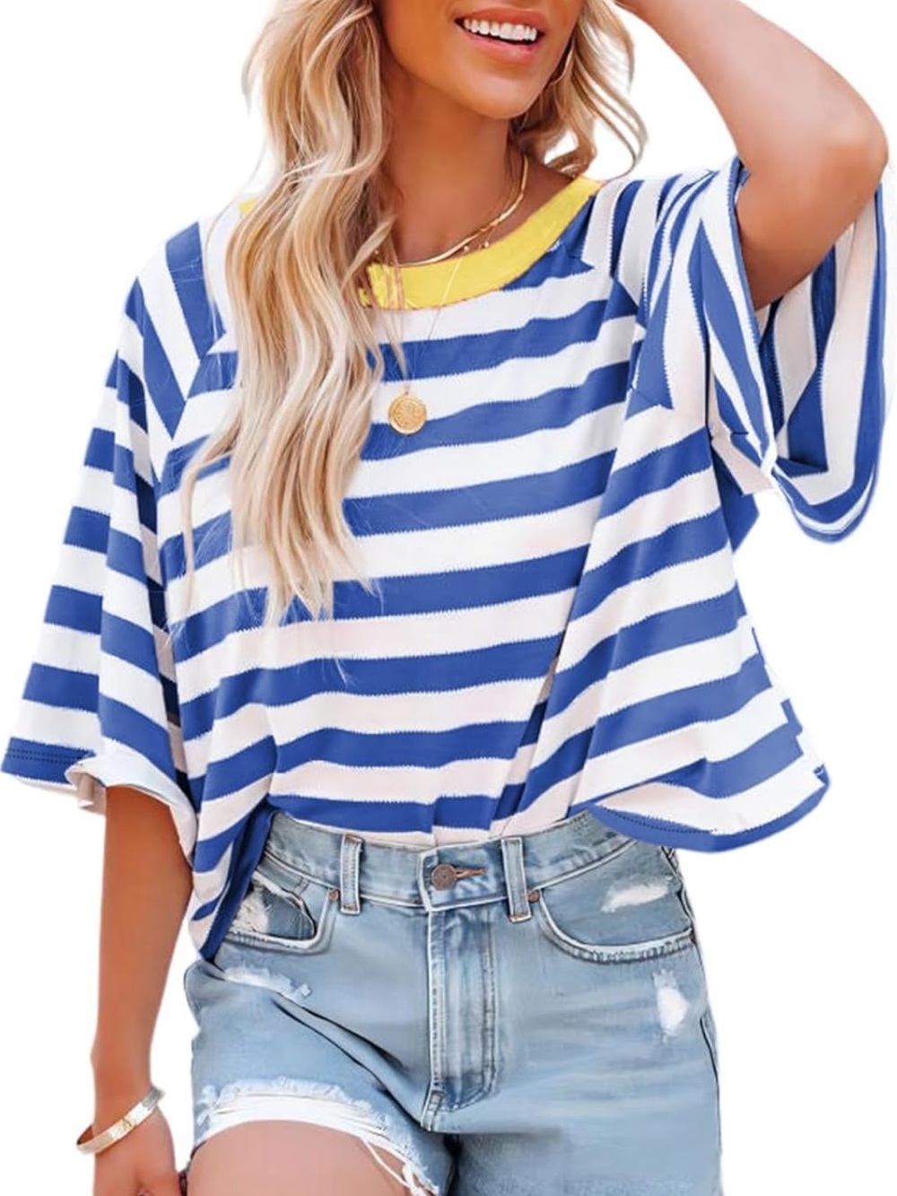 🔴 4/$15 Amazon Women’s L Blue & White Stripe Lightweight Short Sleeve Tee in EUC
